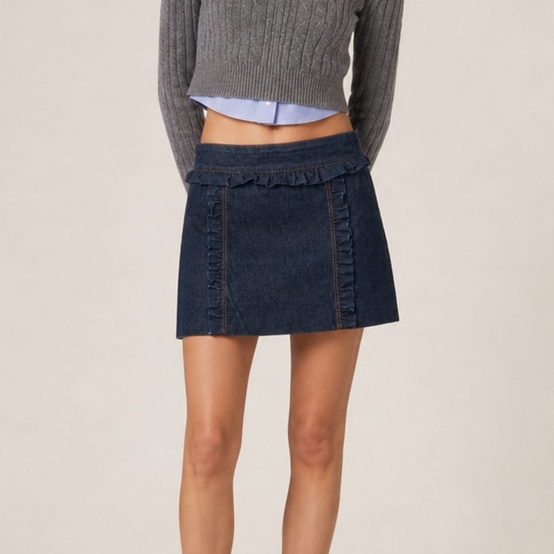 Miu Miu Women's Denim Ruffle Pleat Skirt Dark Wash Size 42